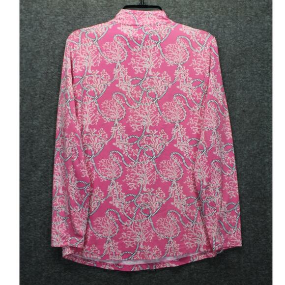 Lulu B Quarter Zip Top Small Coral Print Pink Stretch Preppy Golf - Picture 2 of 4